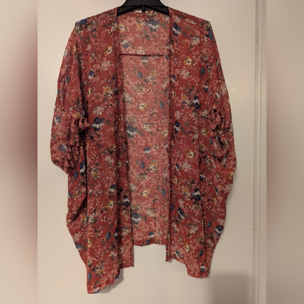 JODIFL Floral Boho Kimono Cardigan Tassel Sleeve Large
